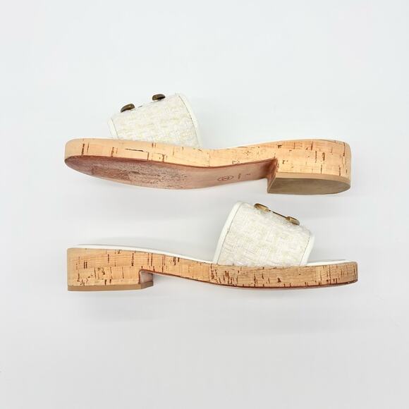 Chanel Interlocking CC Tweed Cork Slip On Heeled Mules Slides Sandals 38 - Picture 5 of 8